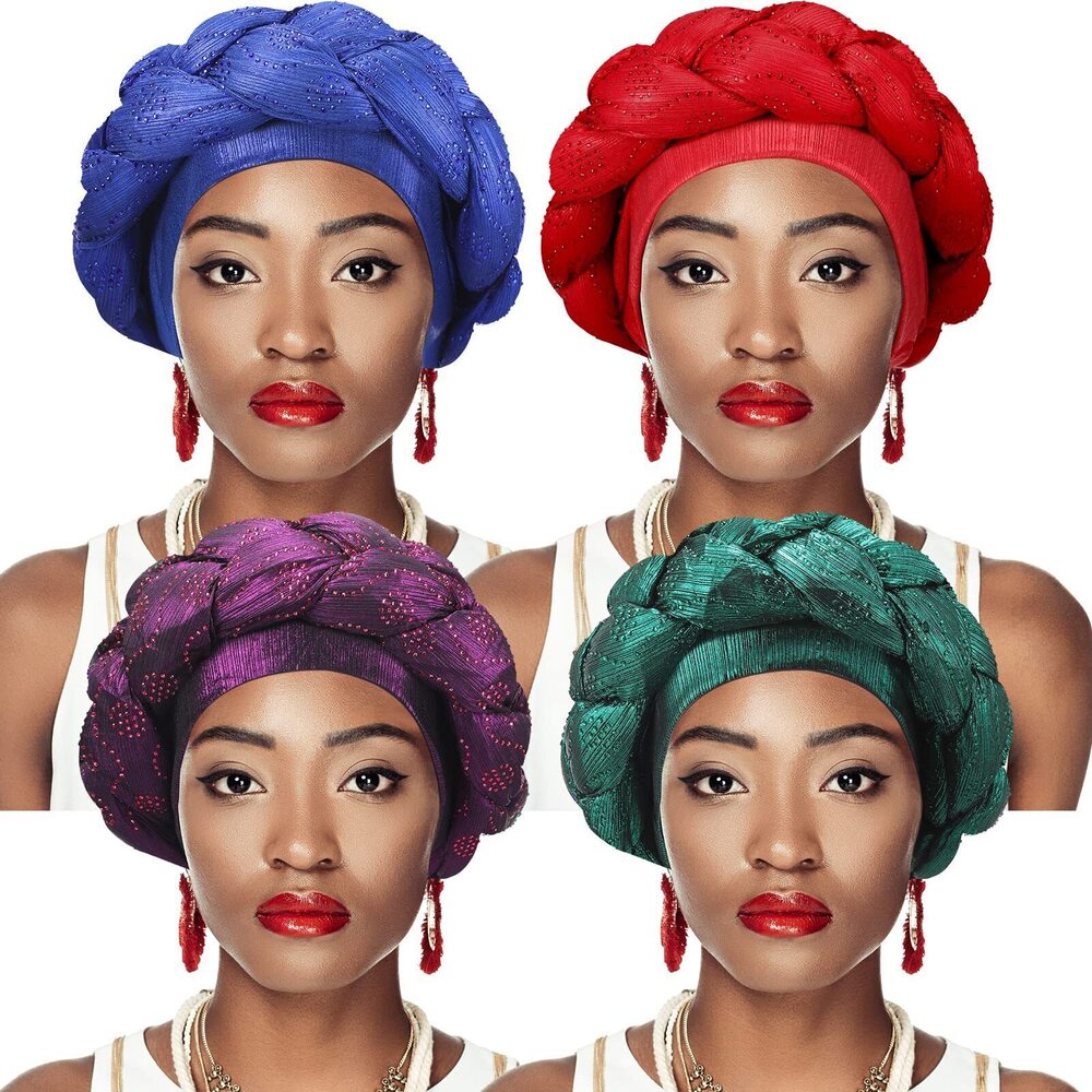6813 4 Pcs African Turban Head Wrap and Girls Braid Crystals Head Turbans